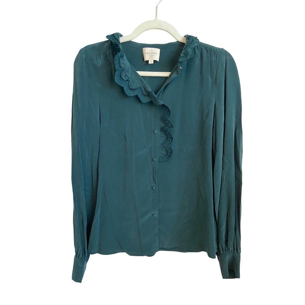 Sezane Silk Chloe Ruffle Blouse Forest Green Scalloped Button Front Top 34